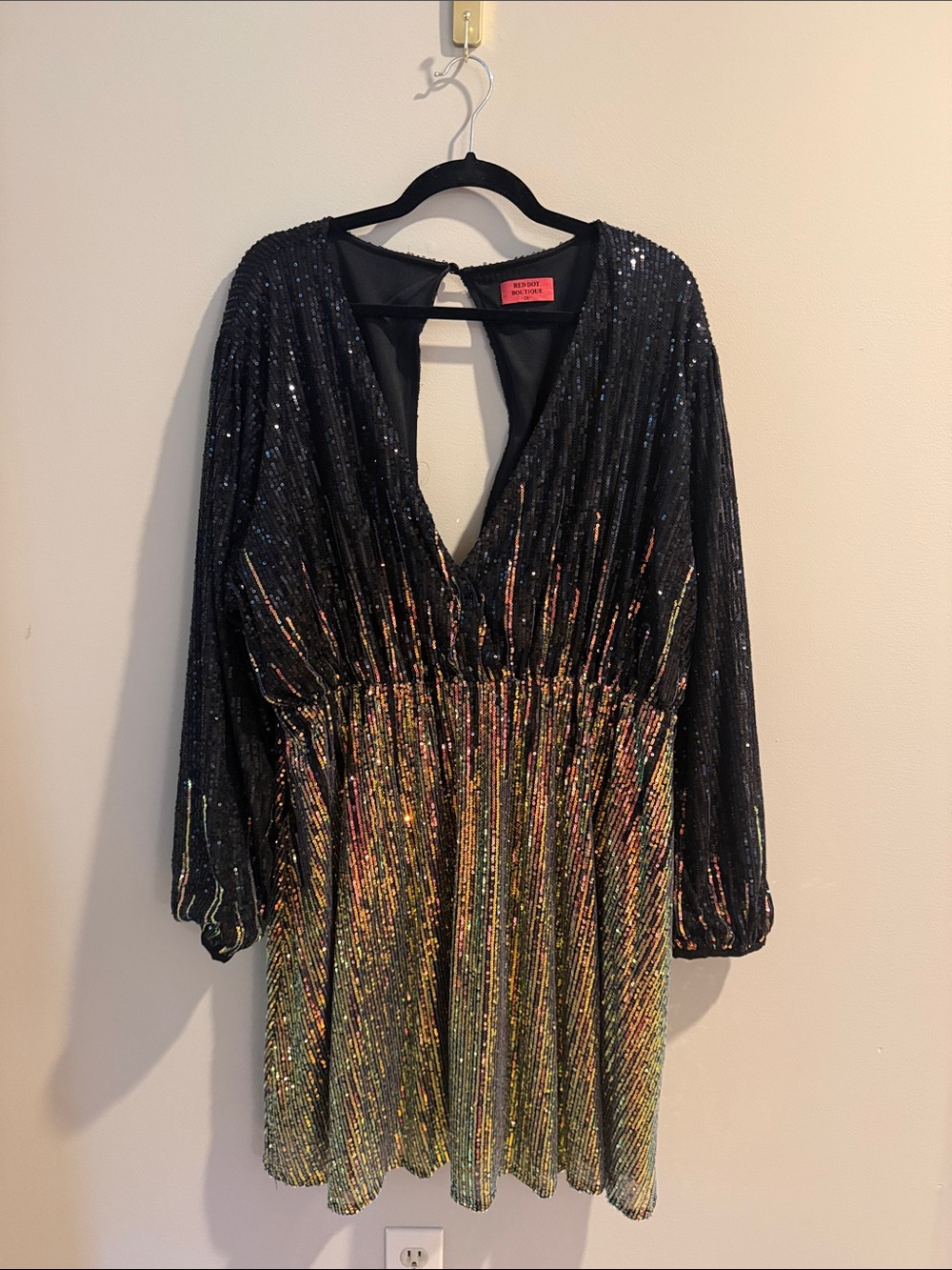 Black Multicolor Sequin Long Sleeve V-Neck Party Dress